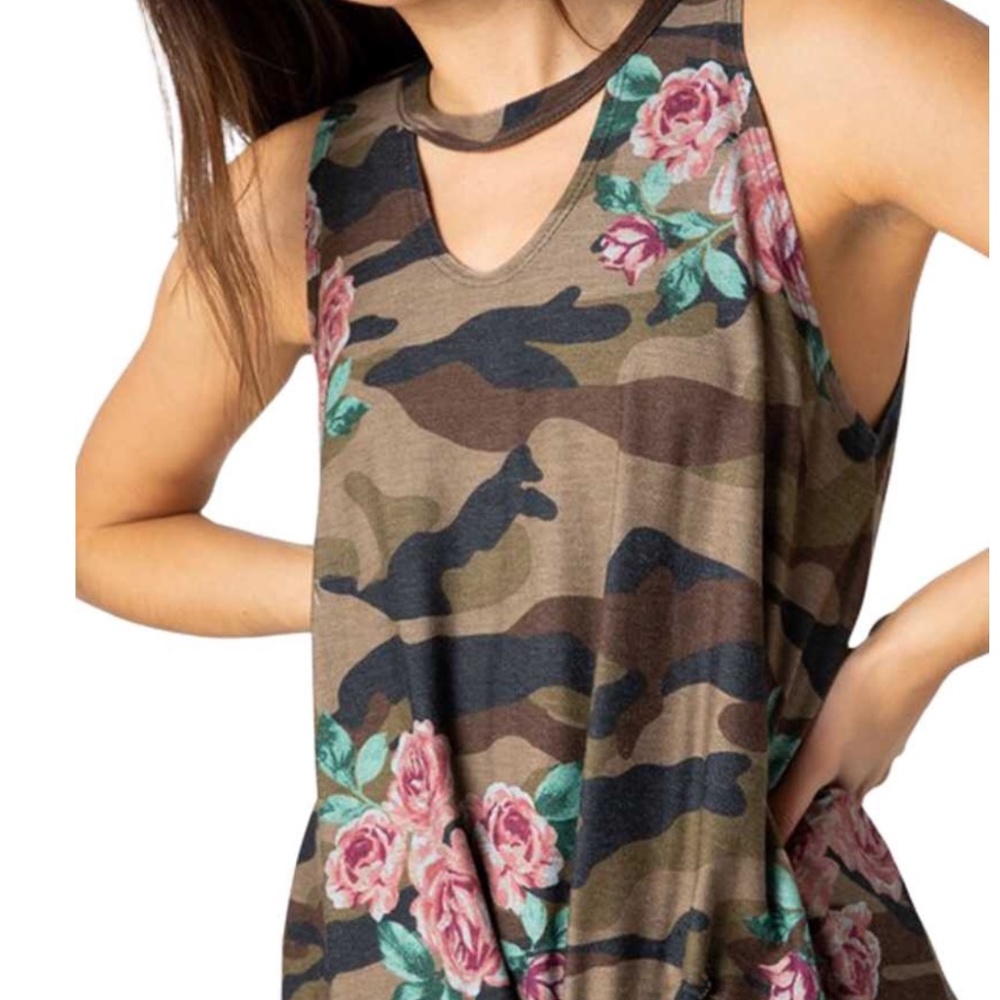 Camo and Floral Print Front Twist Top